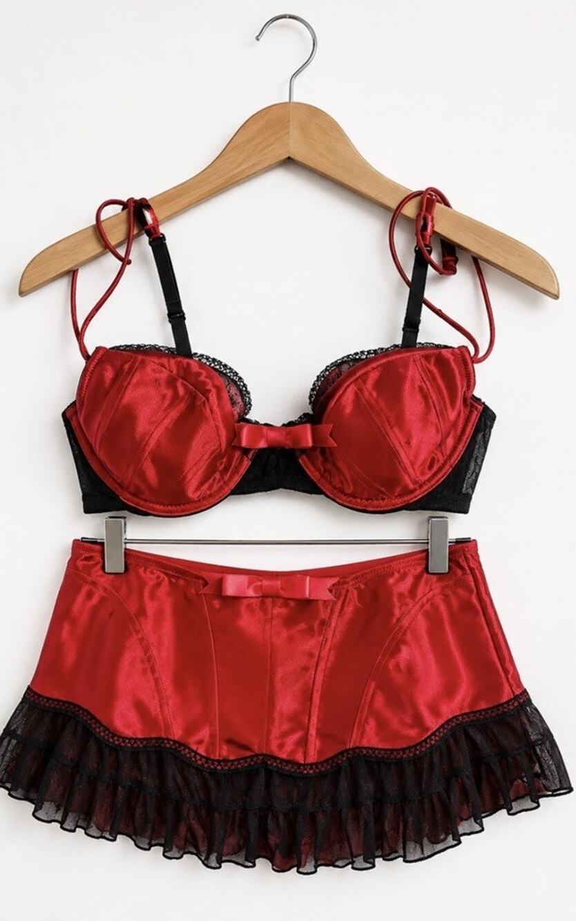 Jezebel Red Black Satin Bra 34C & Matching Skirt S Lace Ruffle